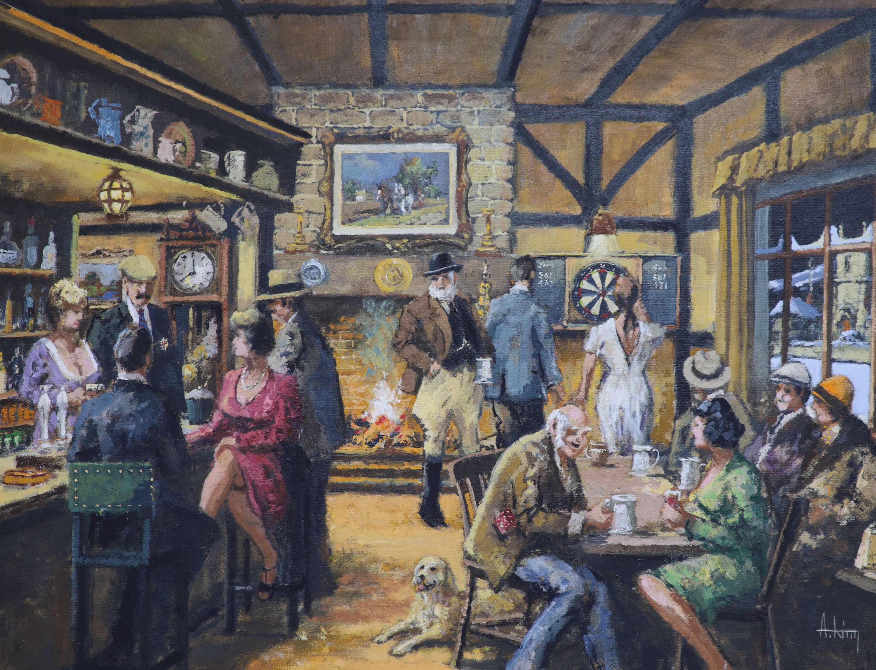 Alan King, oil on canvas panel, 'The Village Inn', signed, 29 x 39cm and oil on canvas, 'Visit to the Smithy', signed, 24 x 29cm